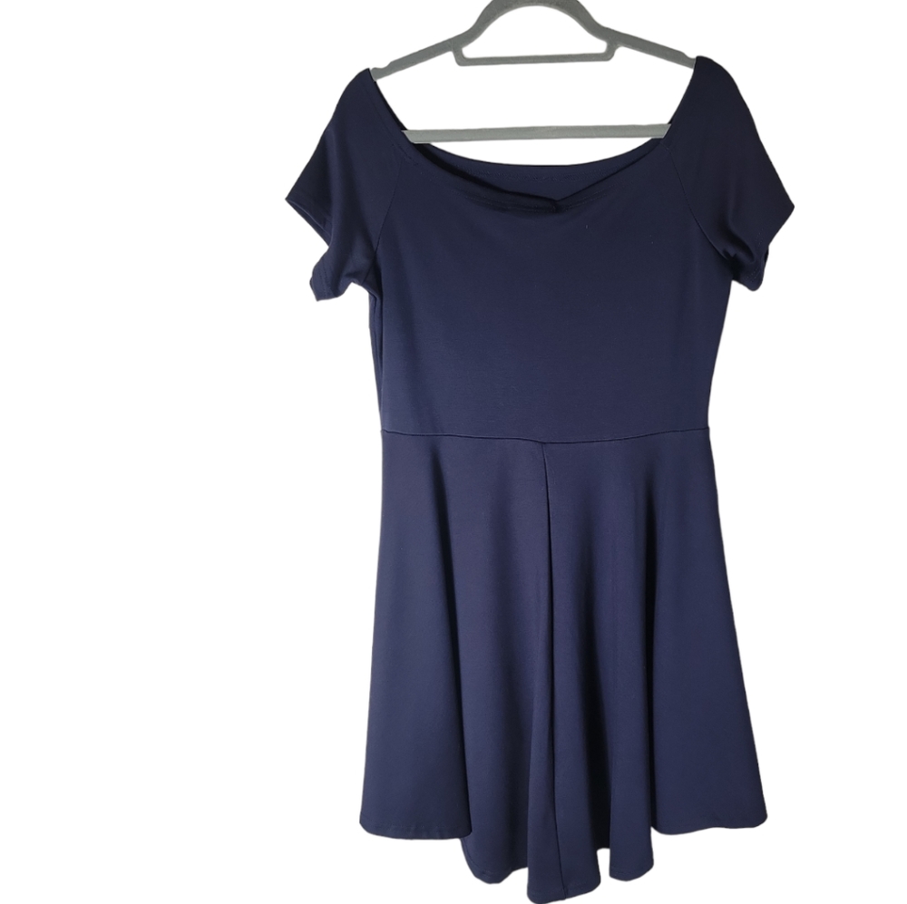 Sarin Mathews navy blue off shoulder high low dress women's size XL fit flare